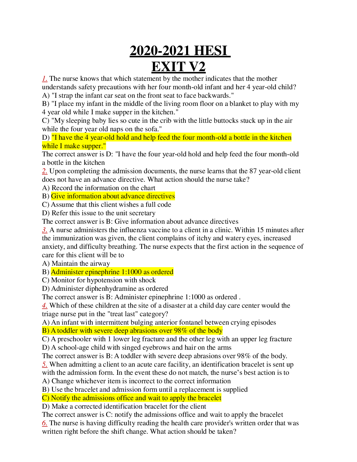 Preview of 2020/2021 HESI EXIT V2 EXAM 160 C0RRECTLY ANSWERED QUESTIONS